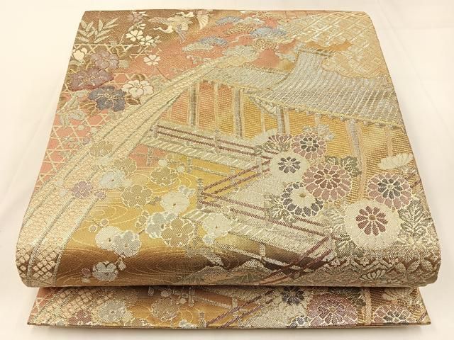 平和屋着物◎佐賀錦 六通柄袋帯 飛鶴風景花文 金銀糸 正絹 逸品