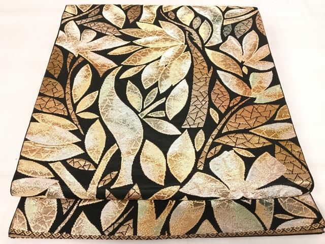 平和屋着物◎六通柄　本袋帯　枝葉文　黒地　金銀糸　正絹　逸品　AABI0914yx 平和屋着物◎六通柄 本袋帯 枝葉文 黒地 金銀糸 正絹 逸品 AABI0914yx