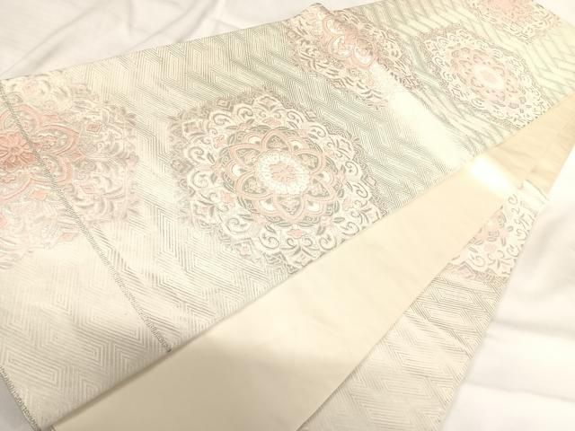 平和屋着物◎六通柄袋帯　唐織　亀甲花文　銀糸　正絹　逸品　AABI0926yx 平和屋着物◎六通柄袋帯 唐織 亀甲花文 銀糸 正絹 逸品 AABI0926yx