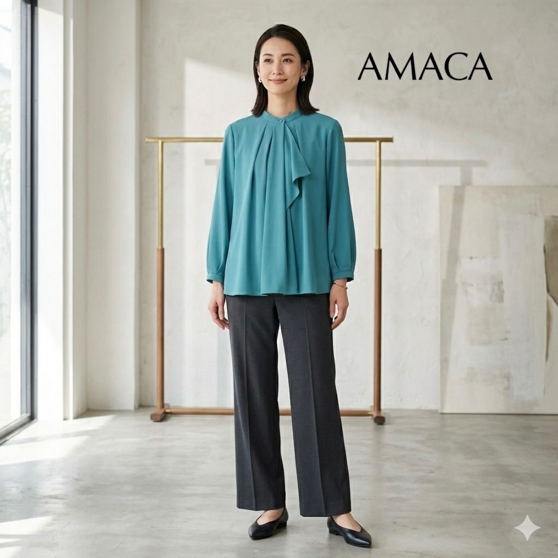cV31 AMACA 現行 タイブラウス シャツ 長袖 オフィスブラウス ボウタイ ノーカラー バンドカラー シフォン ジョーゼット エメラルドグリーン 三陽商会 アマカ cV31 AMACA 現行 タイブラウス シャツ 長袖 オフィスブラウス ボウタイ
