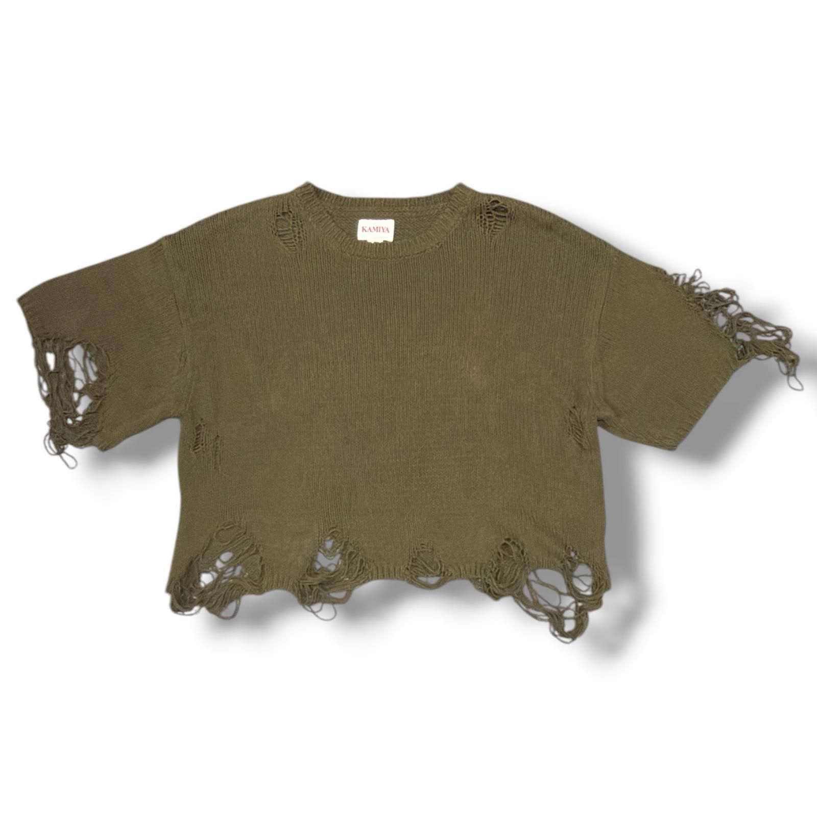 参考上代27500円 KAMIYA 24SS Short-length knit Tee ショートレングスニットTシャツ 半袖セーター カミヤ G12TS049 カーキ M （14028M） 参考上代27500円 KAMIYA 24SS Short-length knit Tee ショートレングス