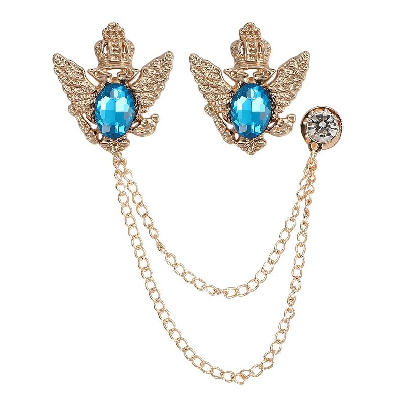 [Brand New] PATIKIL Vintage Crown Chain Brooch Pins, Set of 2, Animal Tassel, Gem Chain Brooch Pins, Double Wings, Suit Pins, Ladies, Men, Clothes, Shirts, Dresses, Coats, Lake Blue, 1