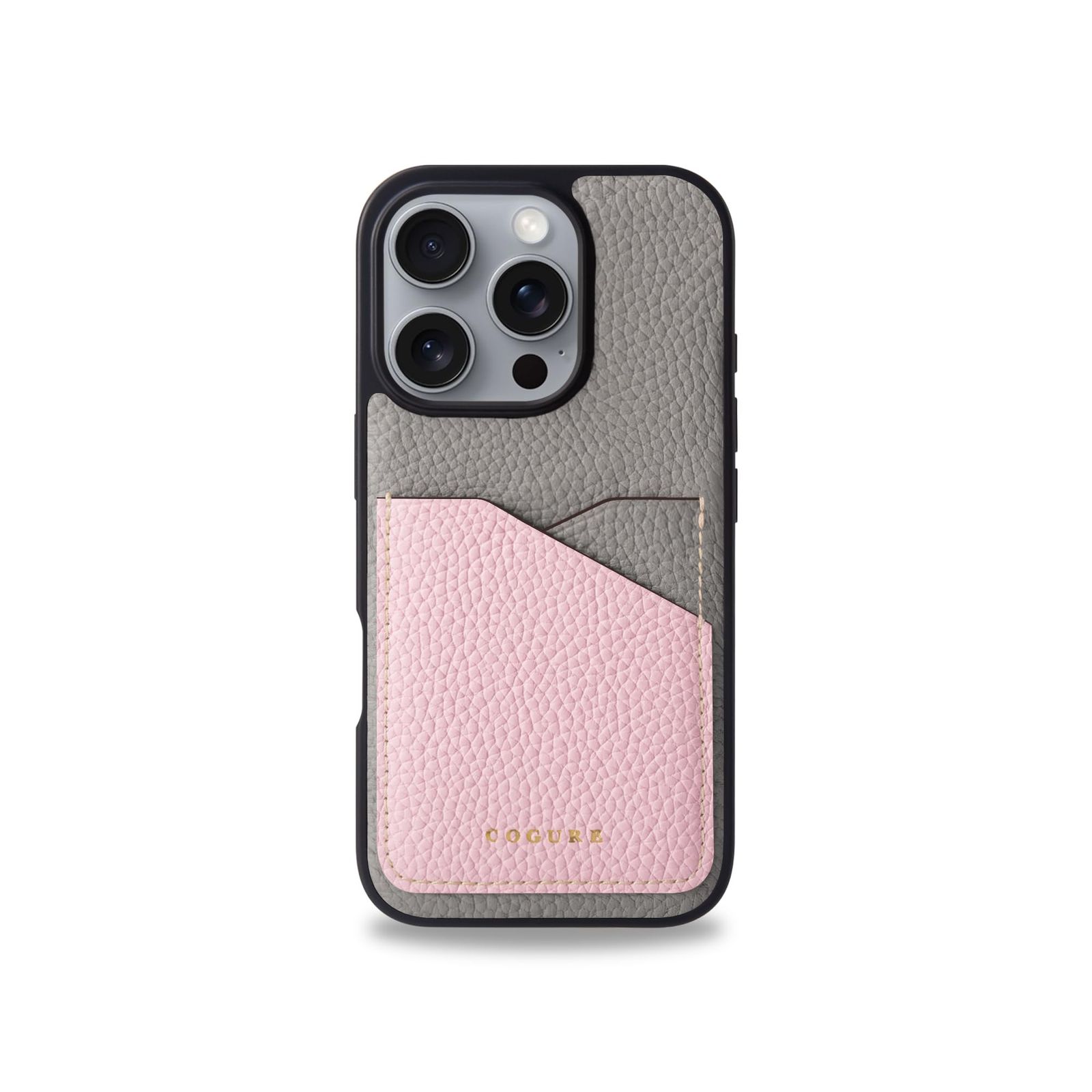 ギフトボックス付き おしゃれ COPC2 シンプル カード入れ シュリンクカーフレザー 本革 グレージュ+ピンク ケース iPhone16Pro コグレ COGURE