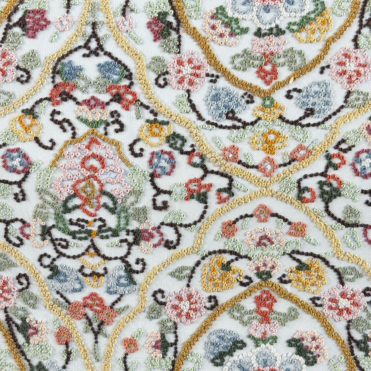 美品】 袋帯 逸品 華文 草花 相良刺繍 金糸 青灰色 お太鼓柄 正絹