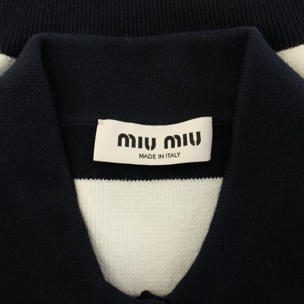 ミュウミュウ ニットポロシャツ ボーダー ロゴ 半袖 36 紺 白 MML889 ミュウミュウ miumiu ニットポロシャツ ボーダー ロゴ 半袖 36 紺 白