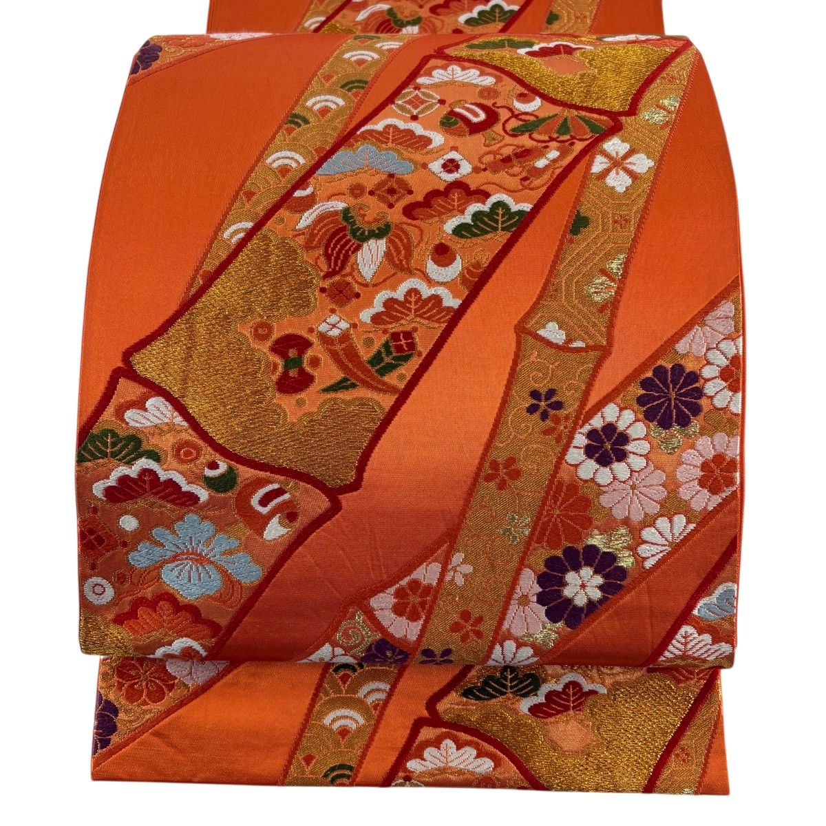 袋帯 美品 秀品 能衣文様 オレンジ 六通 正絹 【中古】 袋帯 六通