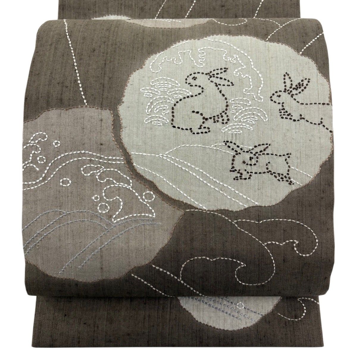 美品】 袋帯 逸品 証紙 さしこ物語 紬地 うさぎ 波頭 刺し子刺繍 灰茶 