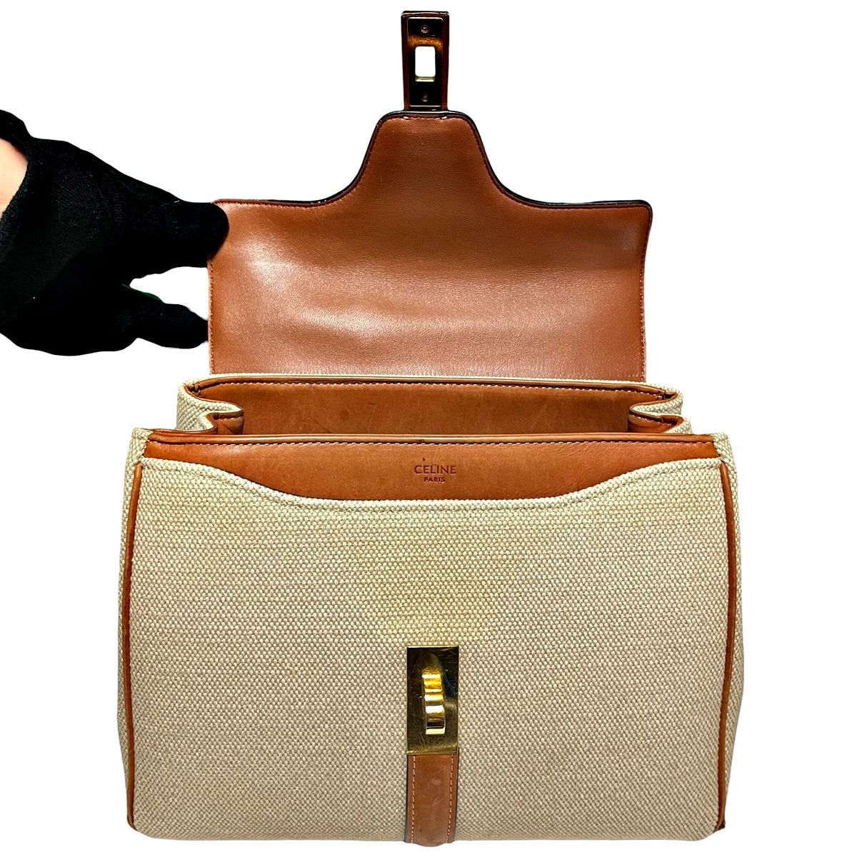 【中古】 CELINE セリーヌ ショルダーバッグ スモール16セーズバッグ テキスタイル&amp;ナチュラルカーフ 188002ENK.02NT キャンバス ハンドバッグ 2way ゴールド金具 レディース 25033507 MK 中古】 CELINE セリーヌ ショルダーバッグ スモール16セーズバッグ