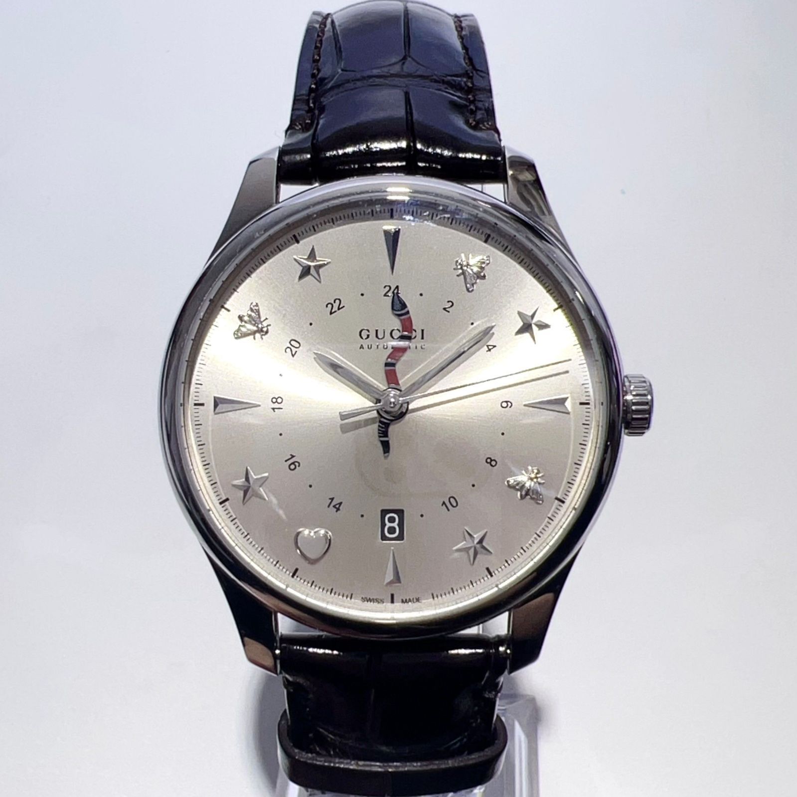 GUCCI グッチ Gタイムレス GMT シルバー文字盤 自動巻き メンズ 腕時計 