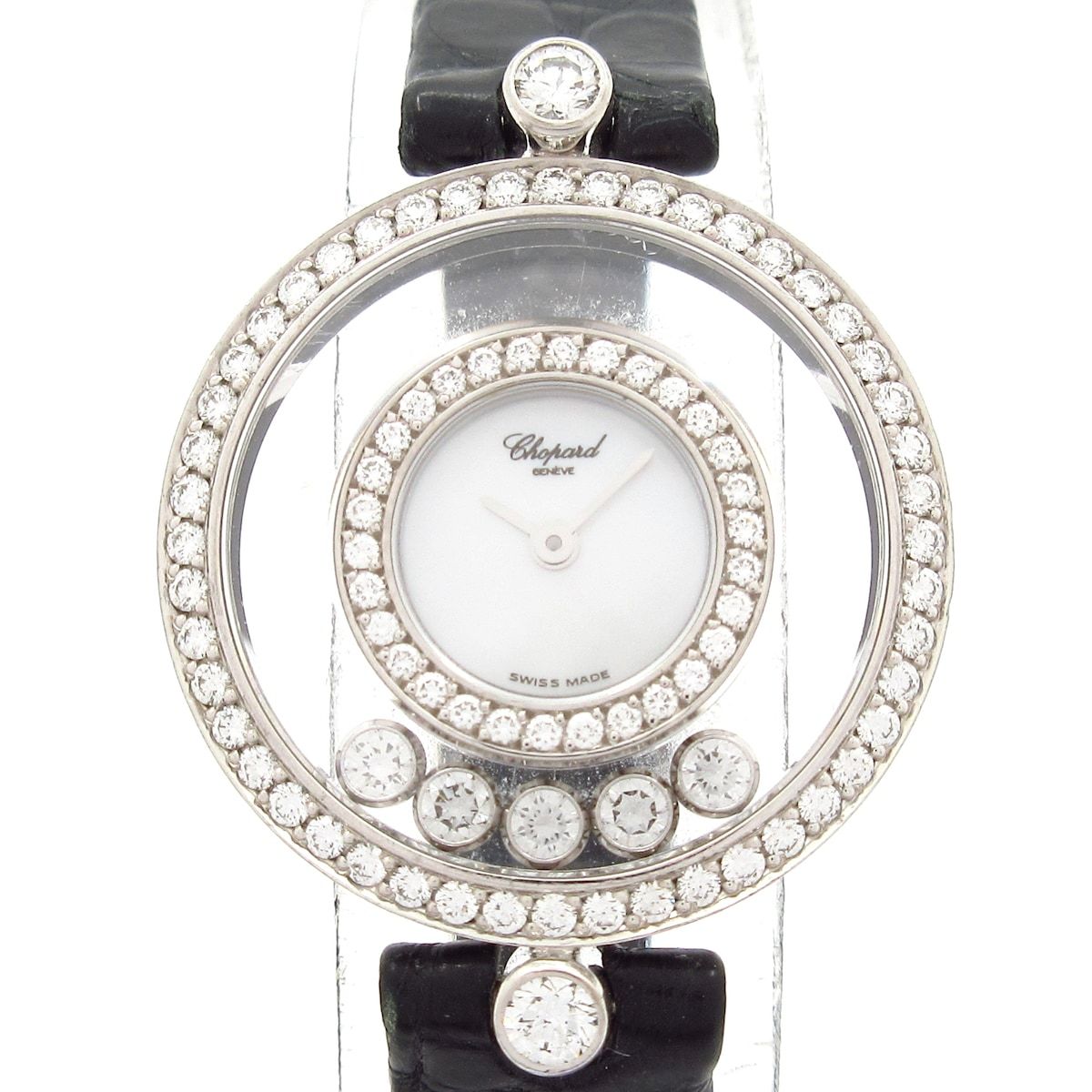 Chopard(ショパール) 腕時計 ハッピーダイヤモンド 20/3957 レディース K18WG/5Pムービングダイヤ/2重ダイヤベゼル/革ベルト/シェル文字盤 ホワイトシェル Chopard(ショパール) 腕時計 ハッピーダイヤモンド 20/3957 レディース