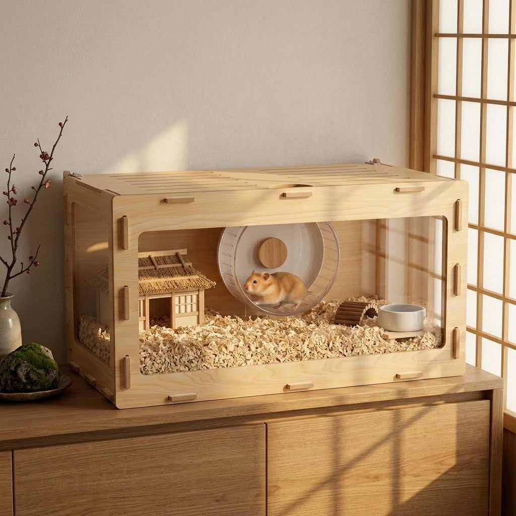 ハムスター ケージ 木製 大型 80cm 飼育ケース 前面・三面透明