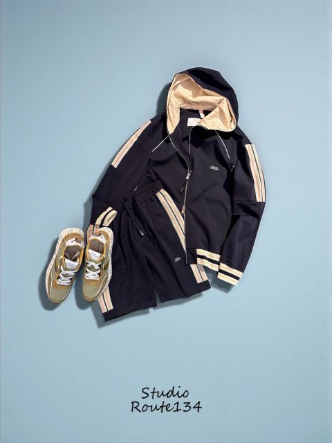 【定価42，900円(税込)】PREMIUM MOOD DENIM SUPERIOR-プレミアムムードデニムスペリオール-  P.M.D.S. 素材使いで魅せるカラーラインスウェットダブルジップパーカー ドッキング  コンビネーション ジ