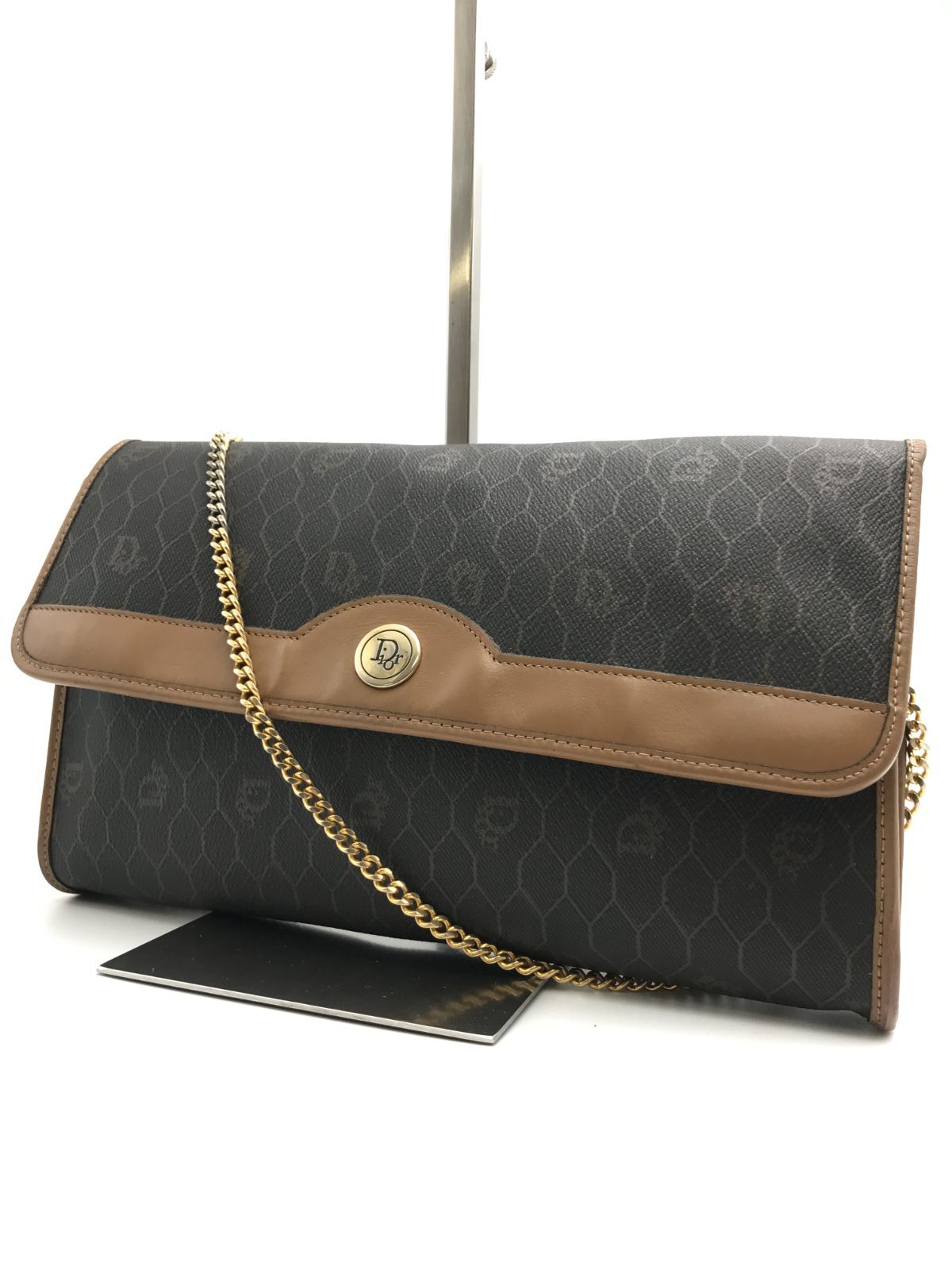 Christian Dior　ディオール　チェーンショルダーバッグ　肩掛け　ハニカム柄　PVC×レザー　ブラック×ブラウン系　1641