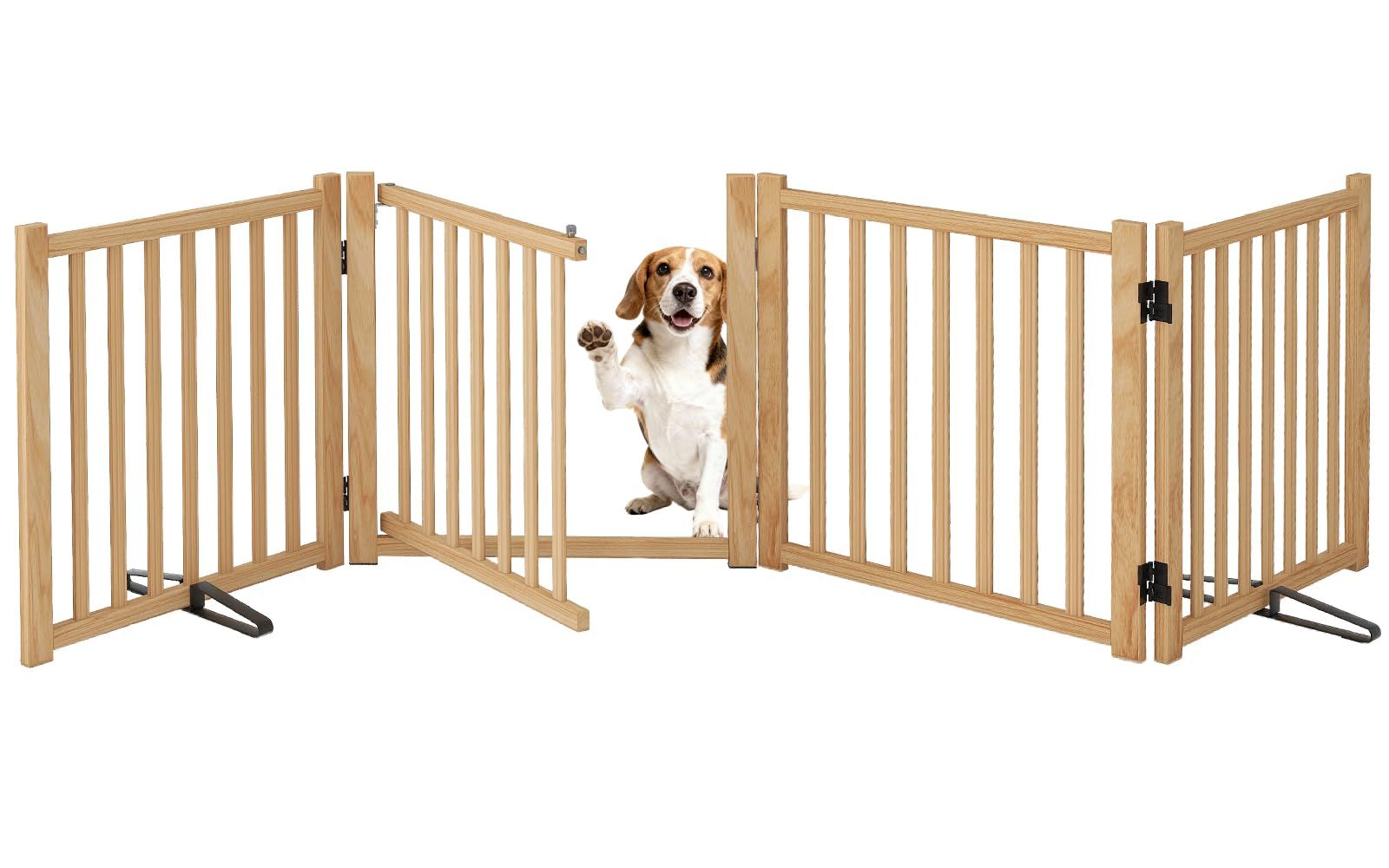 Oapety ペットゲート ドア付き 置くだけ 犬 ゲート ペットフェンス 高さ58cm 幅234cm 自立型ゲート 折りたたみ式 犬フェンス 室内用 ペット飛び出し防止柵 木製 玄関 軽量
