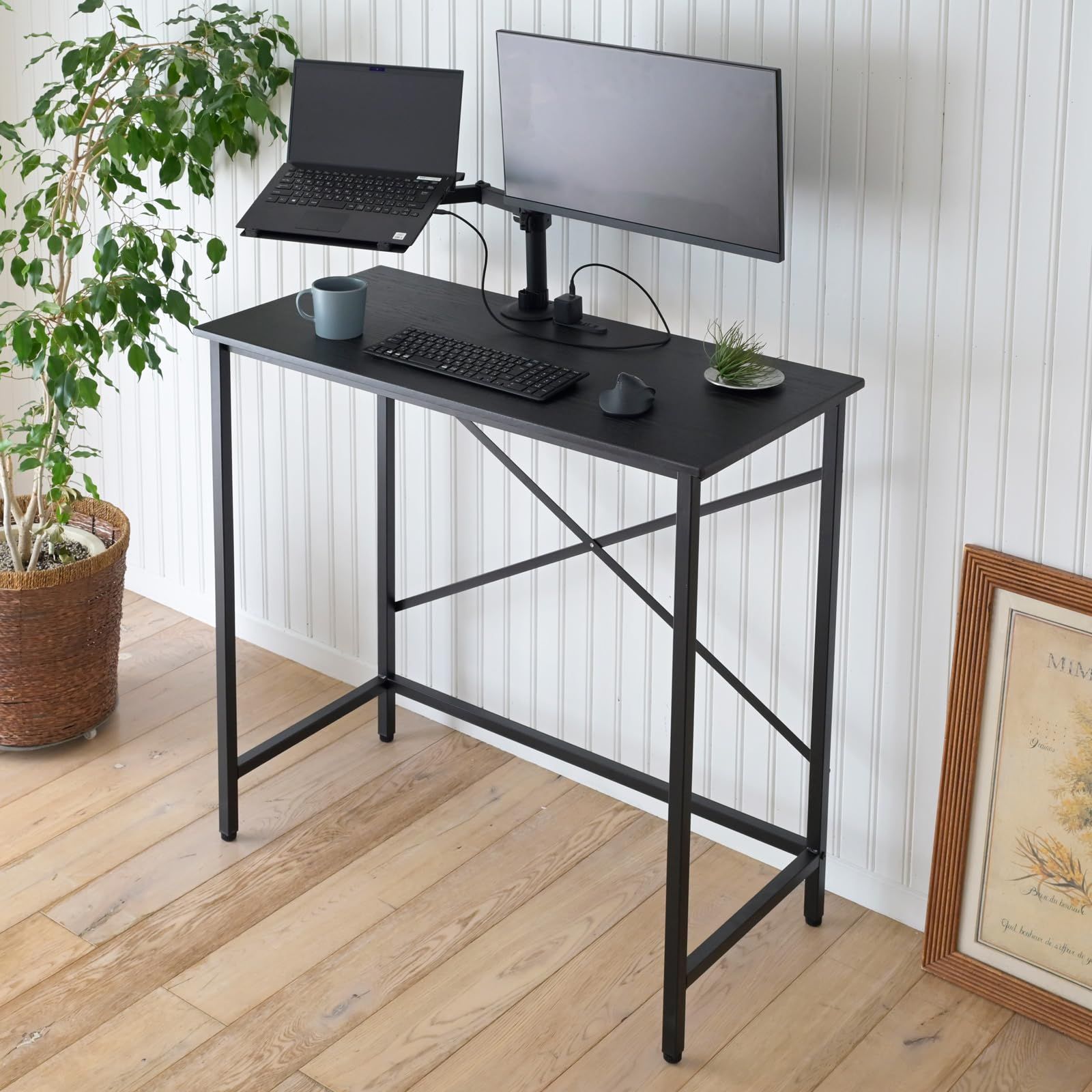 新品 山善(YAMAZEN) デスク スタンディングデスク 2口コンセント付き 幅100×奥行48×高さ100.5cm 耐荷重60㎏ 机 パソコンデスク 勉強机 高さ固定 組立品 ブラック FSD-1048E(BK)