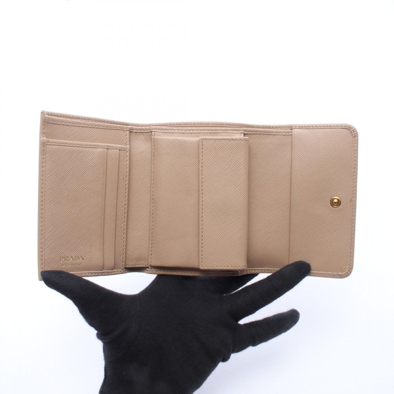 プラダ PRADA 三つ折り財布 リボン ベージュ サフィアーノレザー