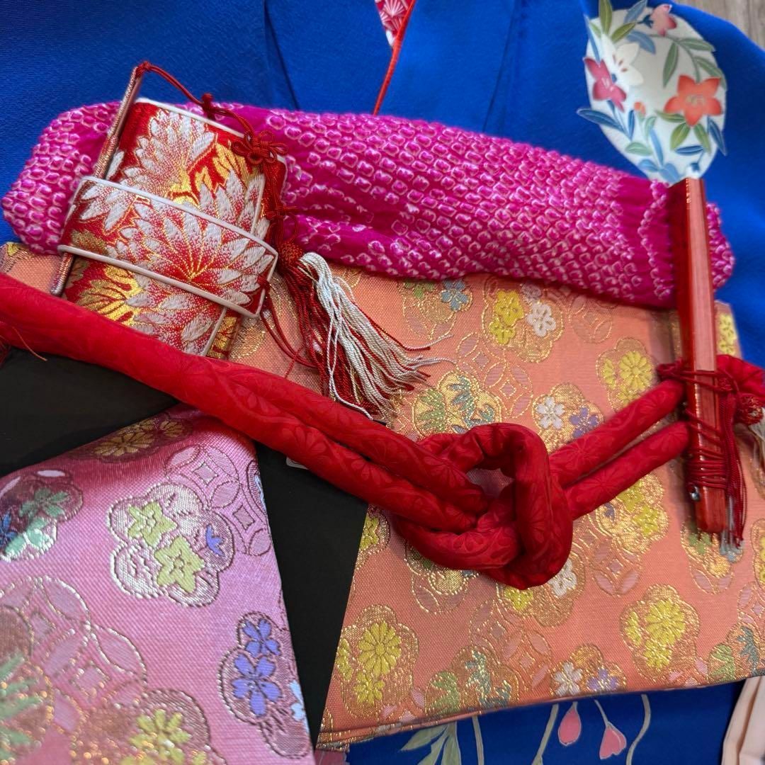 J 超美品 七五三 7歳 フルセット 女の子 絹 着物 青 手書き友禅