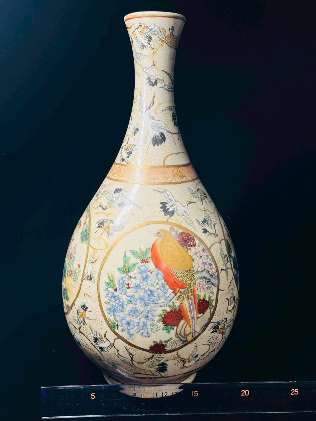 カ4】薩摩 細描 花鳥山水 金彩 花瓶 傷有 17㎝【検】薩摩焼 京薩摩