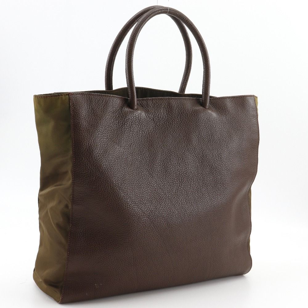 中古PRADAプラダビジネスバッグ型押し茶 PRADA】プラダ ロゴ型押し トートバッグ カーフ×ナイロン 茶 ユニ