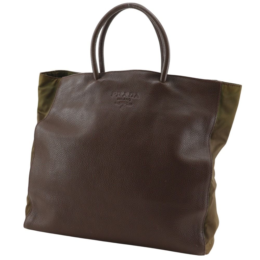 中古PRADAプラダビジネスバッグ型押し茶 PRADA】プラダ ロゴ型押し トートバッグ カーフ×ナイロン 茶 ユニ