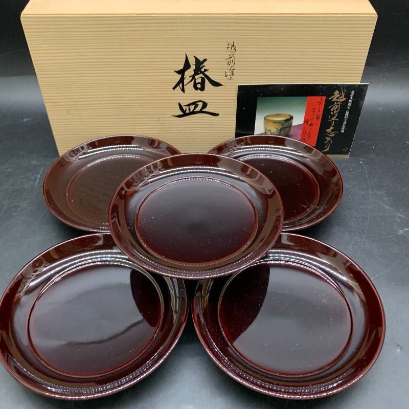 N404 越前漆器 椿皿 越前塗 椿皿5枚セット 朱塗 銘々皿 高台皿 木製皿