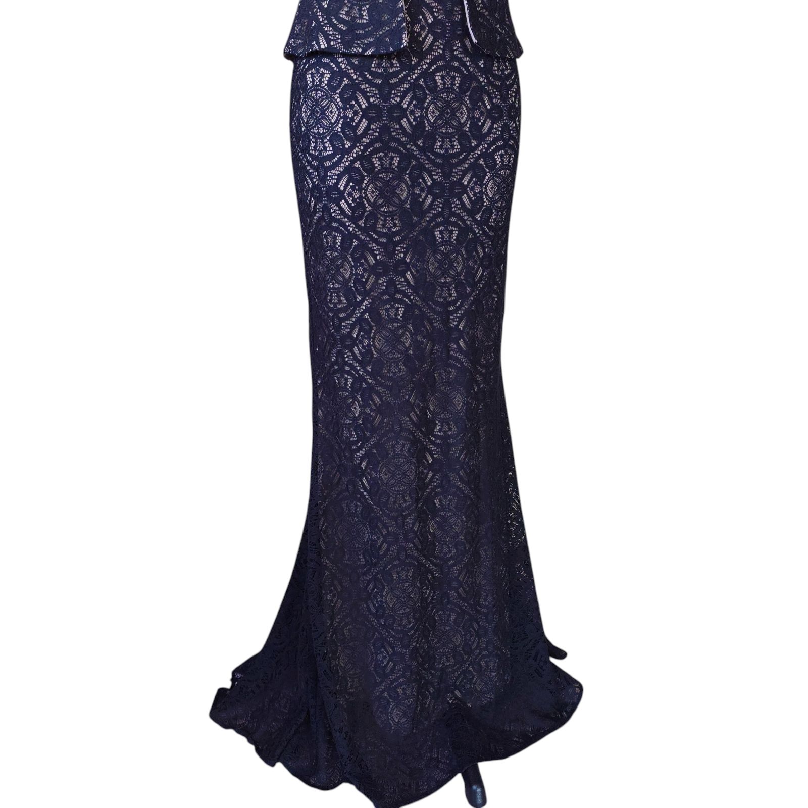 美品】BCBGMAXAZRIA カットアウト ペプラム 総レース ロングドレス