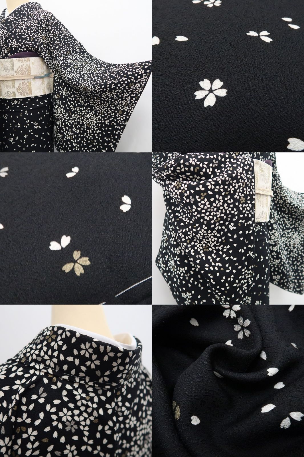 D218 桜 花弁 黒地 正絹 着物 袷 極美品 【公式通販】