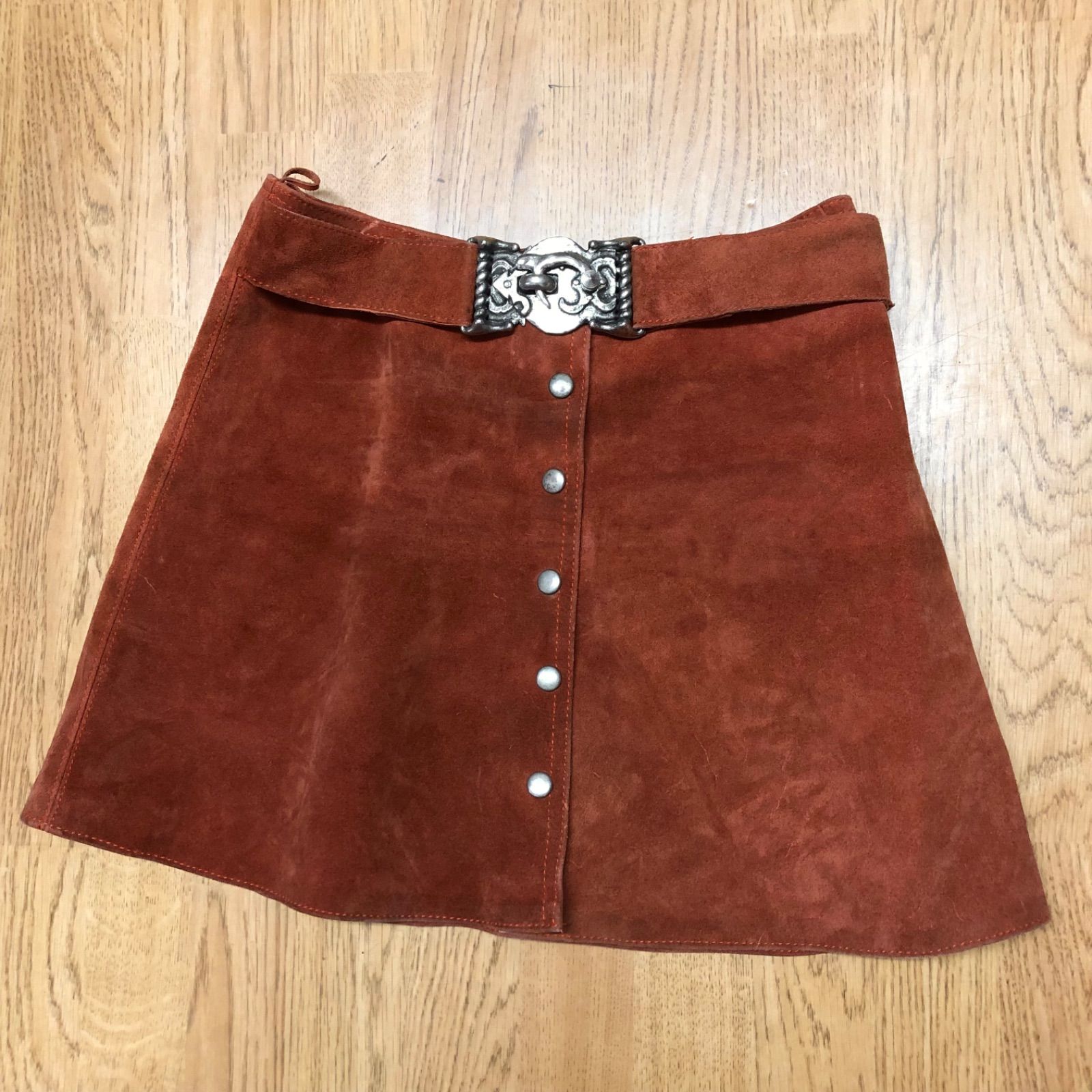 60's ミニスカート レザースカート リアルスエード シルバーバックル付き ウエスタン ボヘミアン ヴィンテージ古着