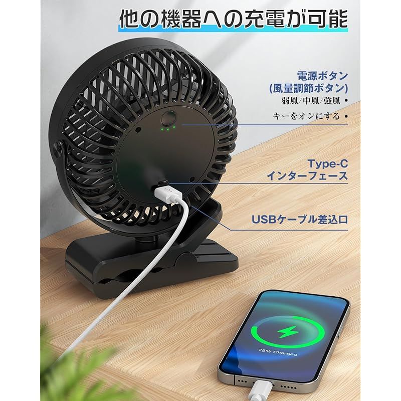 充電式クリップ＆卓上ファン：大型17cm羽根・10000mAh長時間 即納：【10000mAh電池内蔵】FreeFly 充電式クリップ扇風機 卓上扇風機