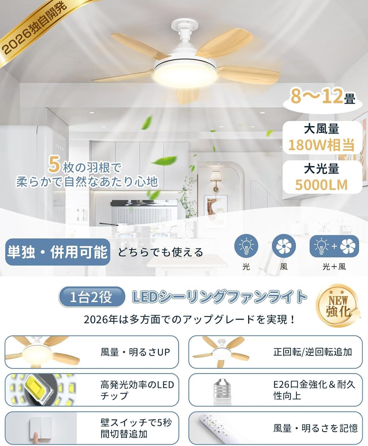 シーリングファンライト 大風量 大光量 Φ81cm 5000lm 44W 8~10畳