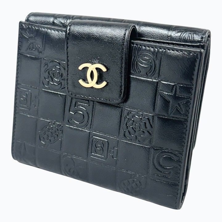 Nさま専用✨シャネル ラムスキン アイコン ブラック 黒 Wホック ミニ財布✨ 美品】CHANEL シャネル アイコンライン ラムスキン Wホック コンパクト