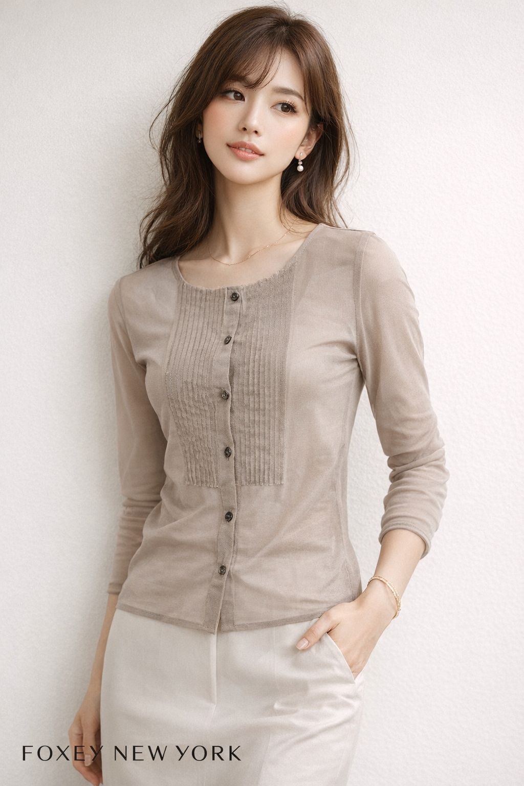 ☆美品☆FOXEY シルク100% ブラウス ベージュ シフォン 38 七分袖 