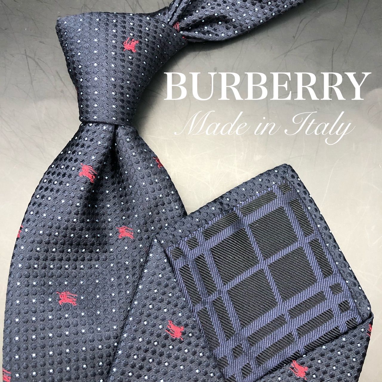 美品】BURBERRY ネクタイ ドット ホースロゴ ネイビー 紺 レッド