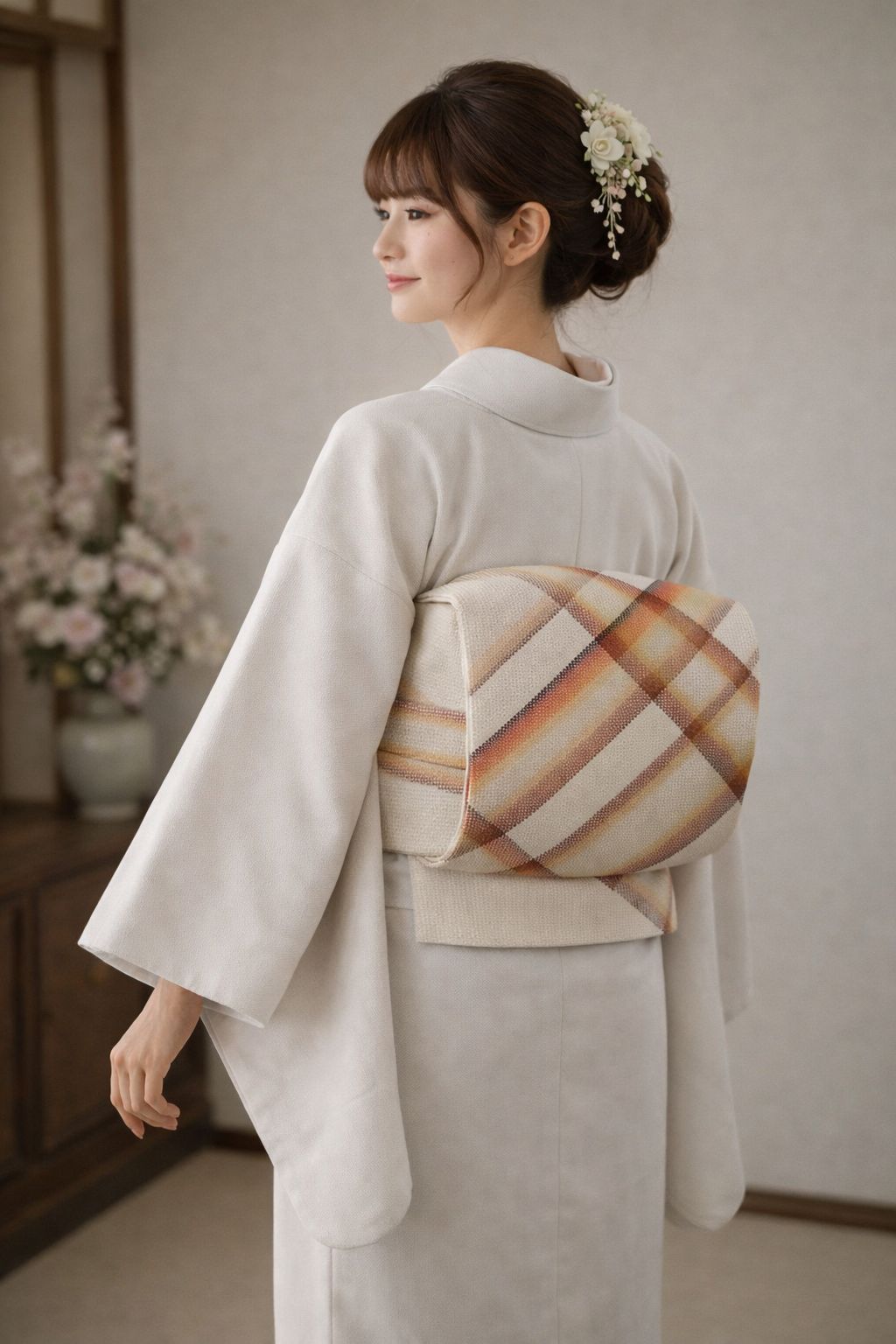 すごい値！名古屋帯 八寸 正絹 全通柄 ベージュ 格子 カジュアル 普段着 観劇 中古 仕立て上がり シンプル リサイクル みやがわ neb00713 1964125069.jpg?1688707600
