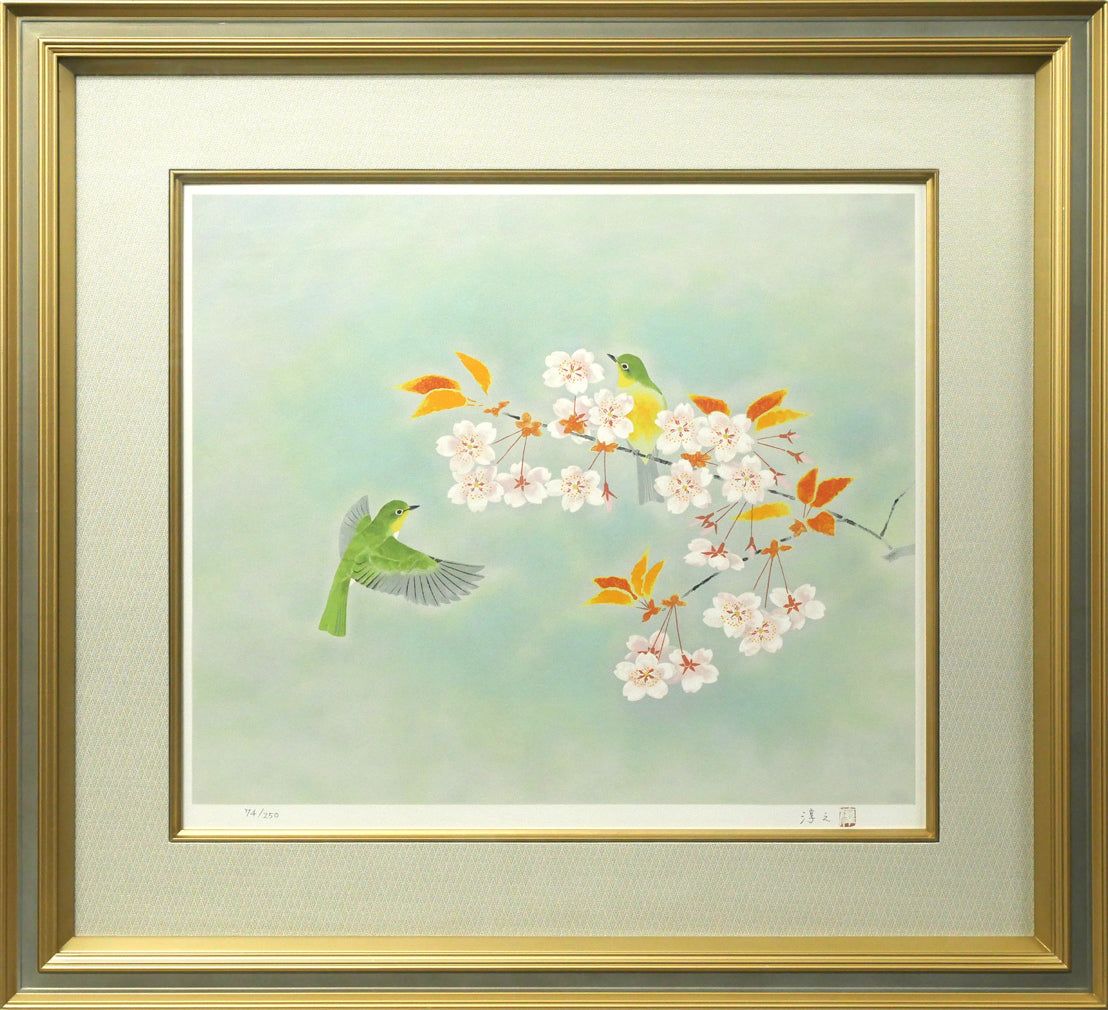 日本画家である上村淳之の作品「春禽（しゅんきん）」のリトグラフ 日本画家である上村淳之の作品「春禽（しゅんきん）」のリトグラフ