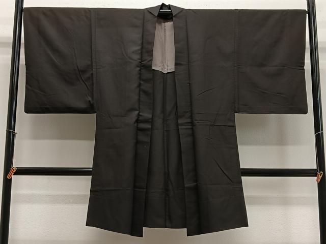 平和屋着物∞男性 長羽織 お召地 黒地 羽裏：風景文 正絹 逸品
