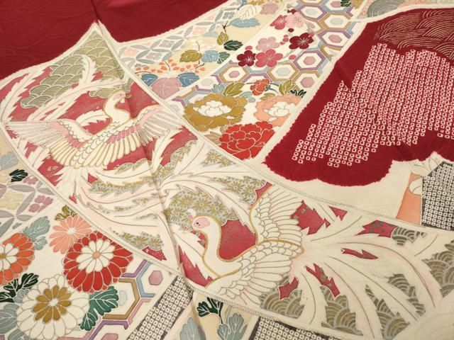 平和屋着物●豪華振袖　友禅　駒刺繍　絞り　短冊鳳凰花文　金彩　正絹　逸品　AABH5860ck 平和屋着物○豪華振袖 友禅 駒刺繍 絞り 短冊鳳凰花文 金彩 正絹 逸品