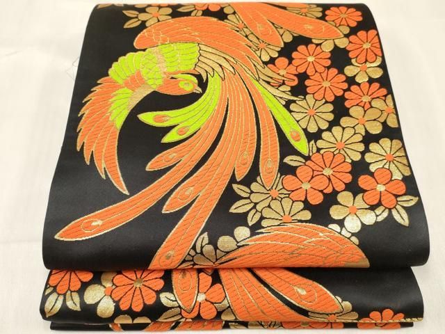 平和屋着物[]女の子　子供　全通柄袋帯　鳳凰花文　黒地　金糸　逸品　DABC5405ma
