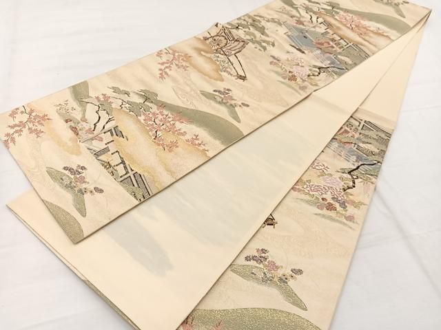平和屋着物◎六通柄袋帯 蜀紅錦 宮中風景文 金糸 正絹 逸品 BAAX1963hv