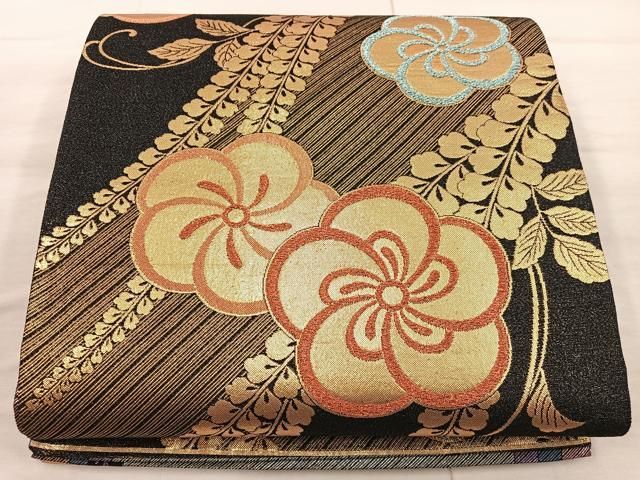 平和屋着物＊夏物　西陣　澤屋謹製　全通柄袋帯　草花文　黒地　証紙付き　正絹　逸品　DABD6993cm 平和屋着物＊夏物 西陣 澤屋謹製 全通柄袋帯 草花文 黒地 証紙付き