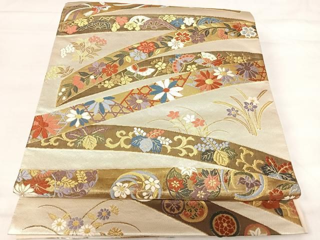 平和屋着物◎六通柄袋帯 唐織 熨斗花鳥文 金銀糸 正絹 逸品 AABI0886yx