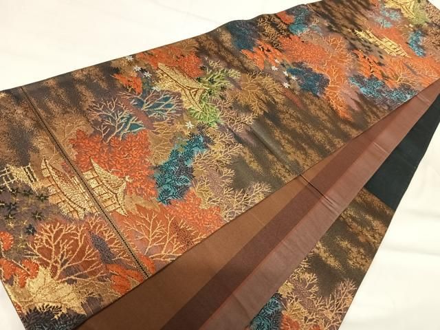 平和屋着物◎六通柄袋帯 唐織 風景文 金糸 正絹 逸品 AABI0892yx