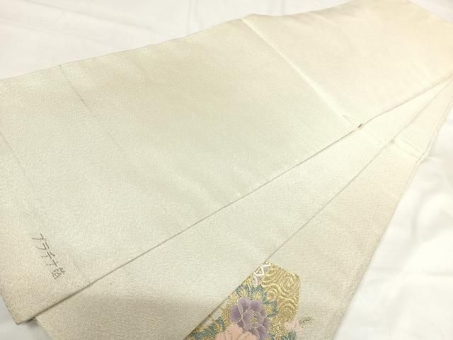 平和屋着物◎西陣　太鼓柄袋帯　明綴　扇面花文　プラチナ箔　正絹　逸品　AABI0905yx 平和屋着物◎西陣 太鼓柄袋帯 明綴 扇面花文 プラチナ箔 正絹 逸品