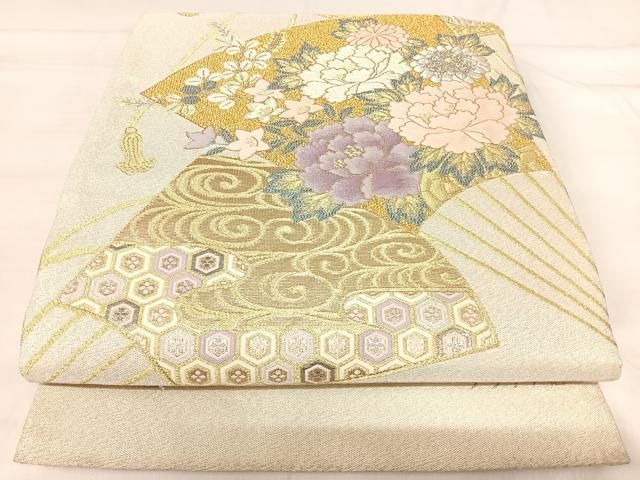 平和屋着物◎西陣　太鼓柄袋帯　明綴　扇面花文　プラチナ箔　正絹　逸品　AABI0905yx 平和屋着物◎西陣 太鼓柄袋帯 明綴 扇面花文 プラチナ箔 正絹 逸品