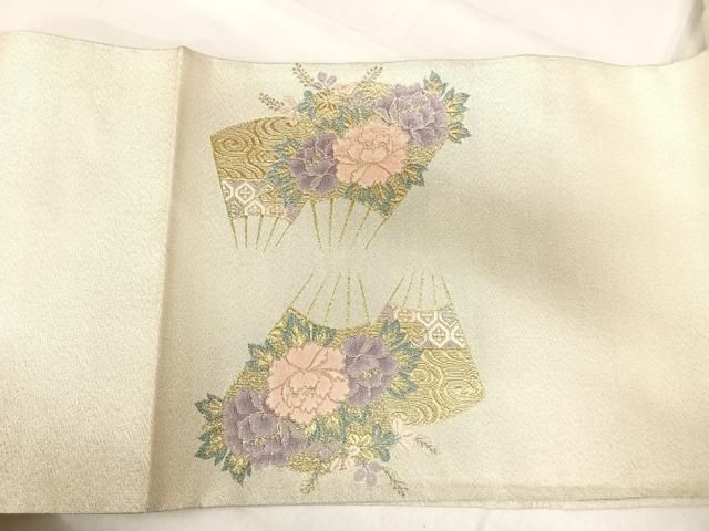 平和屋着物◎西陣　太鼓柄袋帯　明綴　扇面花文　プラチナ箔　正絹　逸品　AABI0905yx 平和屋着物◎西陣 太鼓柄袋帯 明綴 扇面花文 プラチナ箔 正絹 逸品