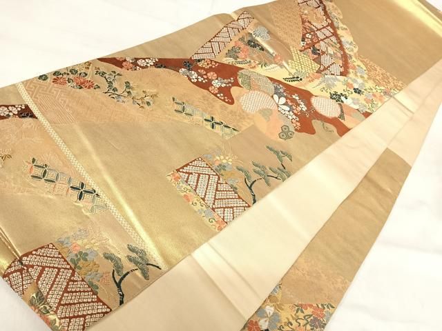 平和屋着物◎六通柄袋帯　唐織　桃山慶長の美　裂張能衣紋　金糸　正絹　逸品　AABI0912yx 平和屋着物◎六通柄袋帯 唐織 桃山慶長の美 裂張能衣紋 金糸 正絹 逸品