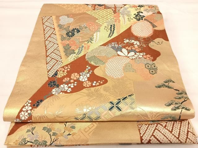 平和屋着物◎六通柄袋帯　唐織　桃山慶長の美　裂張能衣紋　金糸　正絹　逸品　AABI0912yx 平和屋着物◎六通柄袋帯 唐織 桃山慶長の美 裂張能衣紋 金糸 正絹 逸品