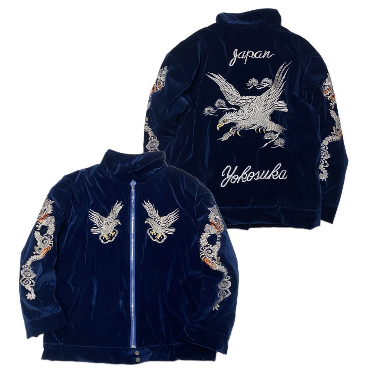 ネイビー ベルベット スカジャン Japan刺繍 別珍 「Yokosuka刺繍入り」 横須賀発祥 SUKAJAN スカジャン 鷹 龍 HAWK