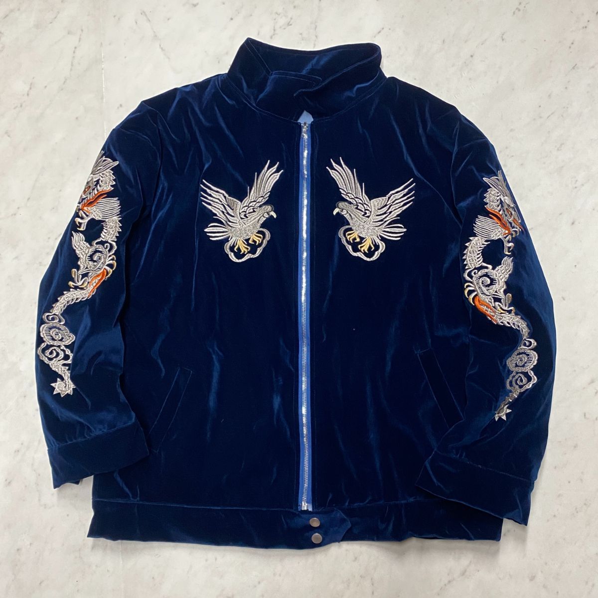 ネイビー ベルベット スカジャン Japan刺繍 別珍 「Yokosuka刺繍入り」 横須賀発祥 SUKAJAN スカジャン 鷹 龍 HAWK