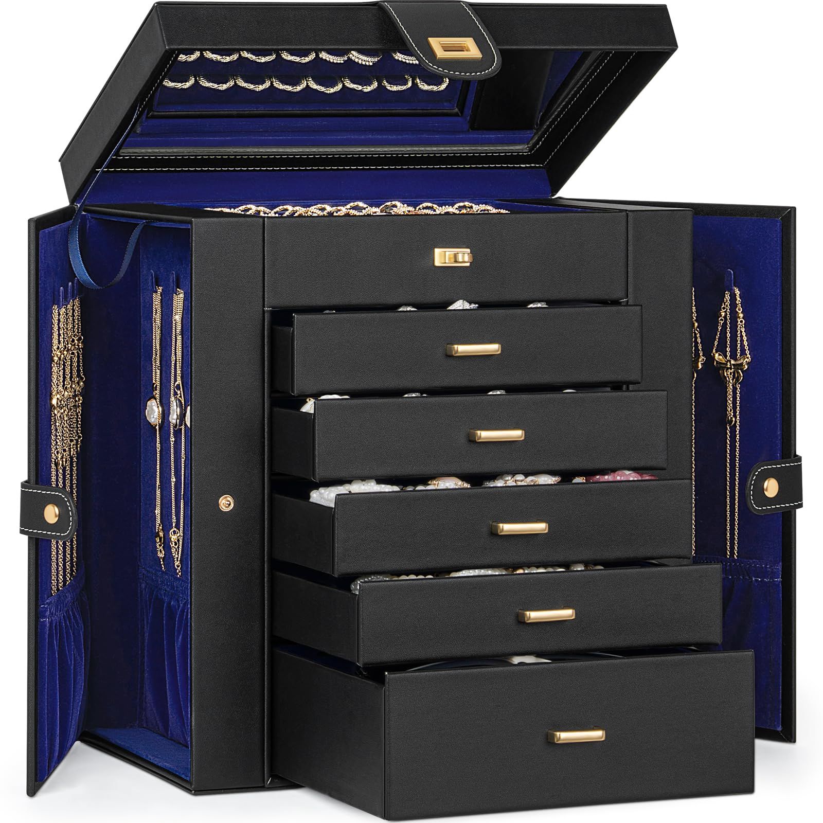 特価商品 AKOZLIN 大容量 ジュエリーボックス 6段式 アクセサリー 収納 鏡付き 5段引き出し 小物入れ ネックレス ピアス 指輪 イヤリング 腕時計 収納 XL-30×17×32cm ブラック＆ブルー